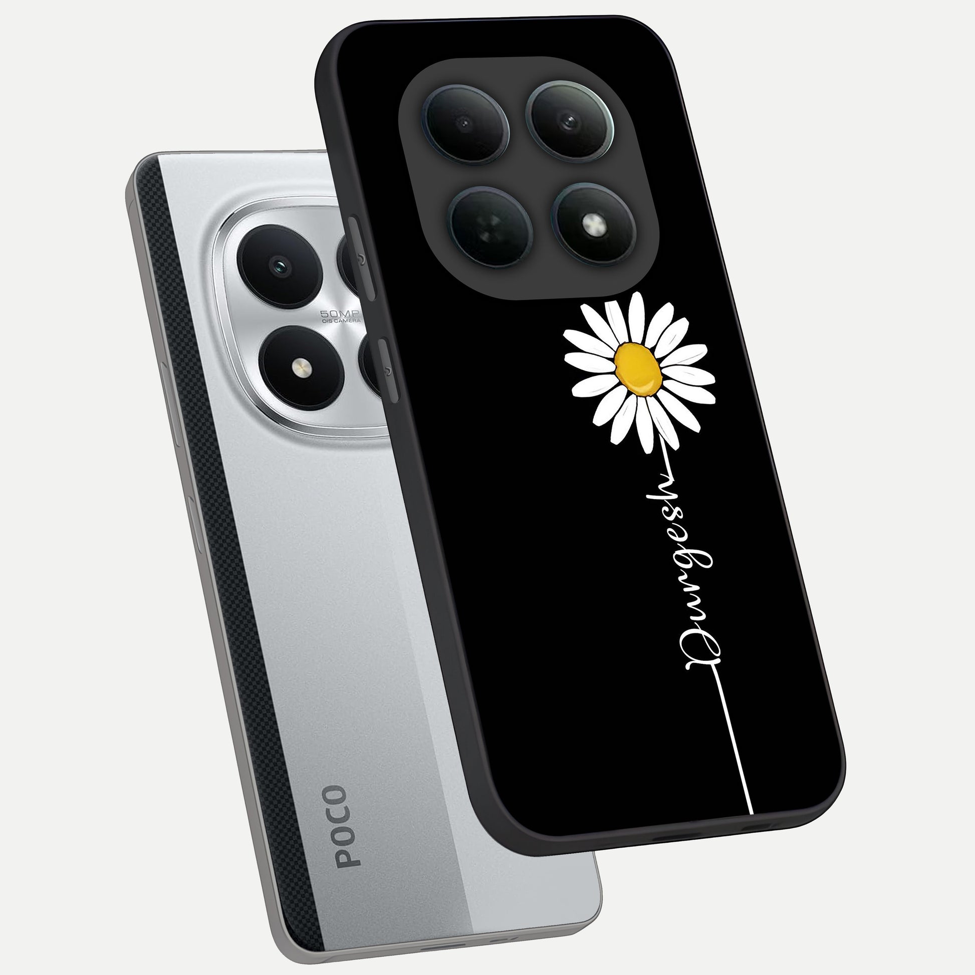  Custom Name White Flower phone case For Poco M8 Pro showing premium glass back cover with detailed artwork