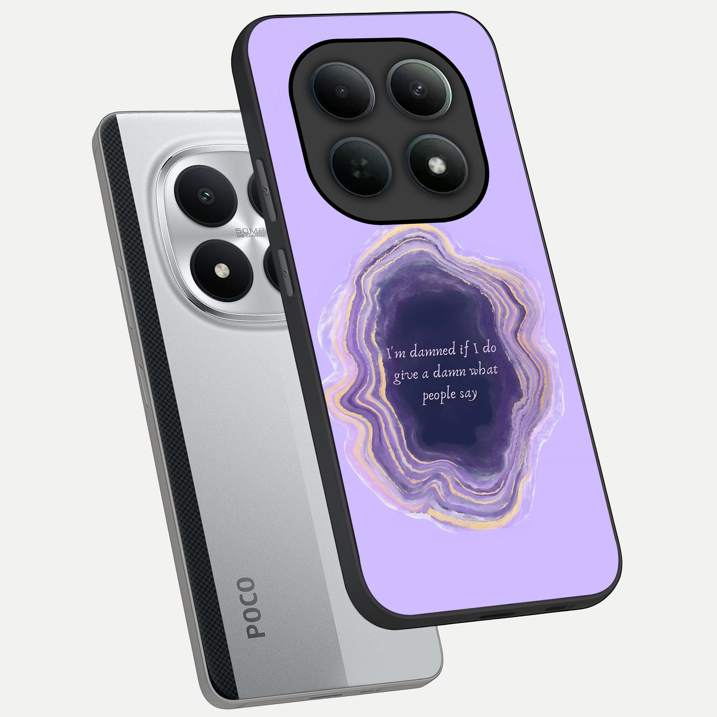  Damned People Quote phone case For Poco M8 Pro showing premium glass back cover with detailed artwork