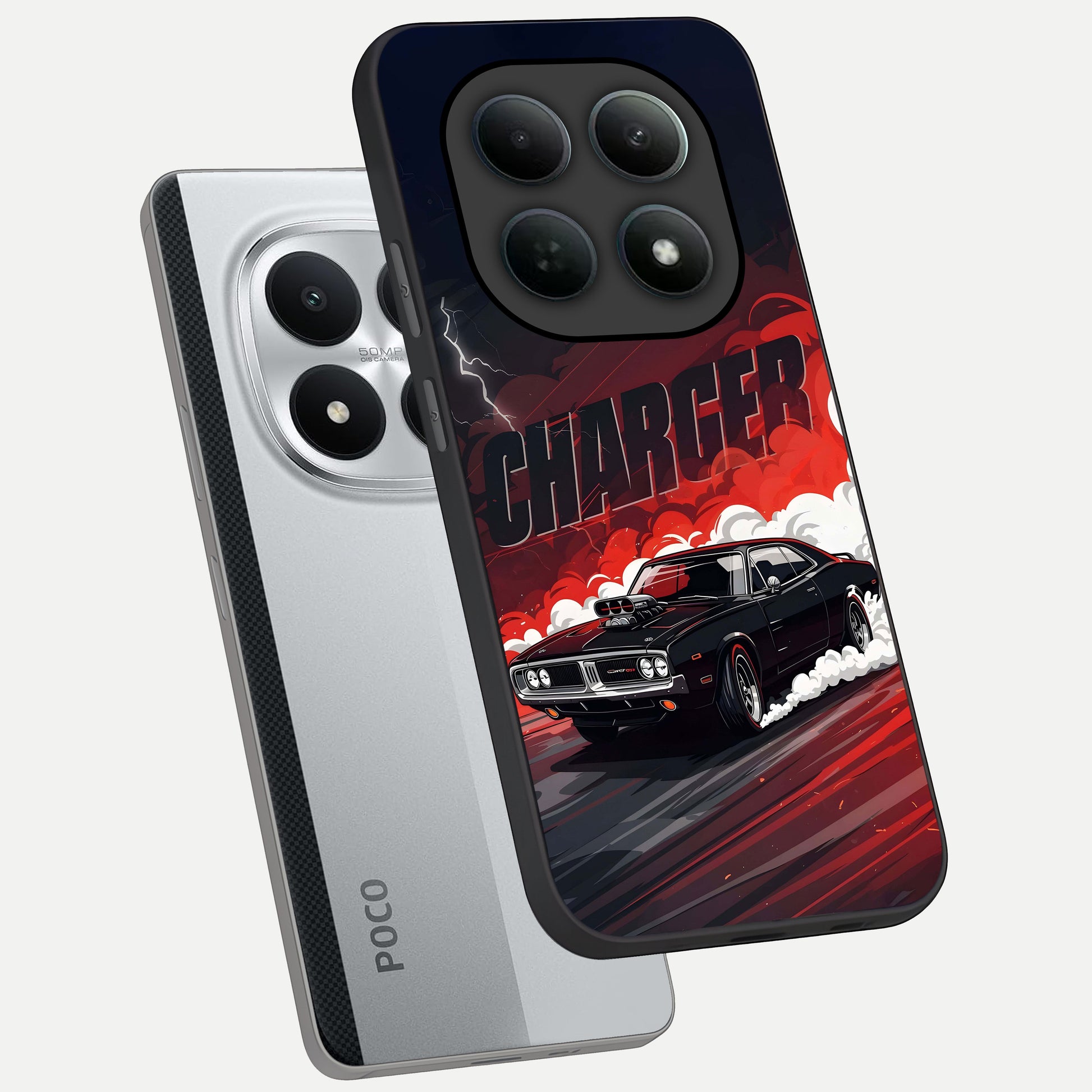  Dark Charger Fury phone case For Poco M8 Pro showing premium glass back cover with detailed artwork
