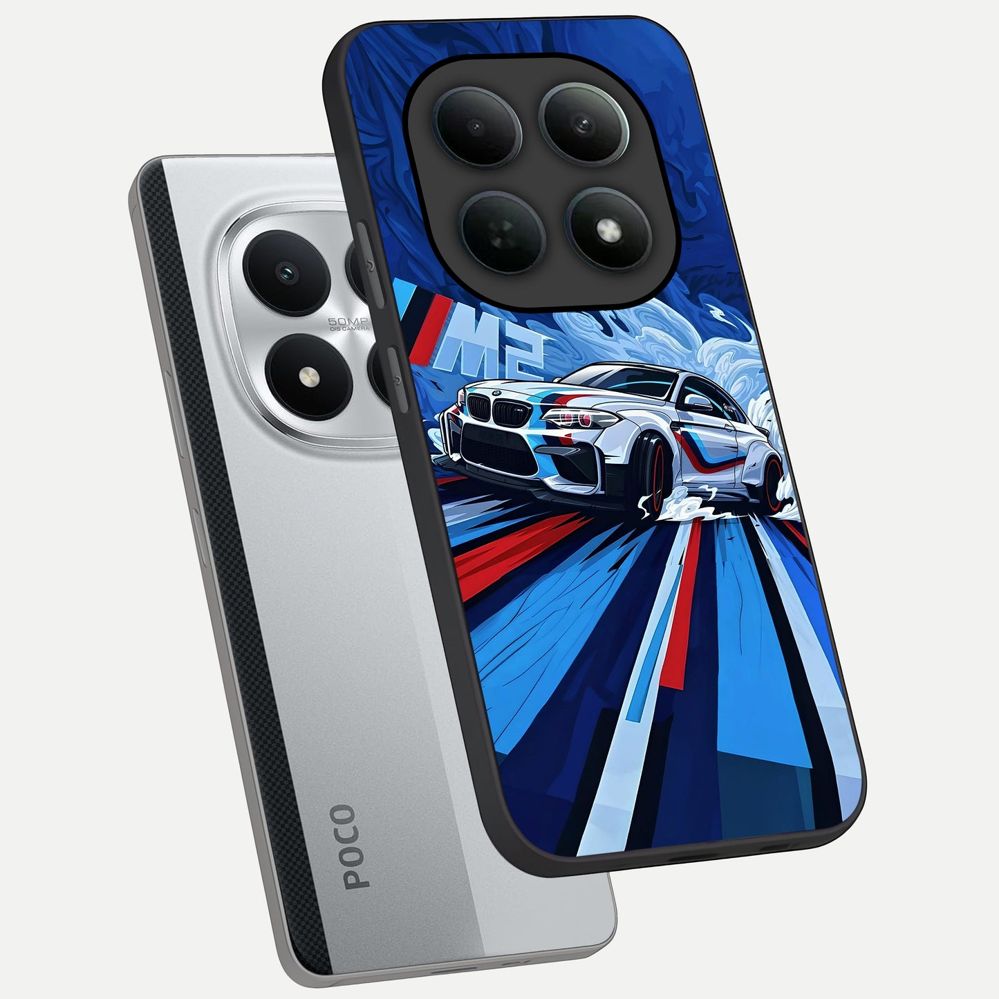  Drift Power Rush phone case For Poco M8 Pro showing premium glass back cover with detailed artwork