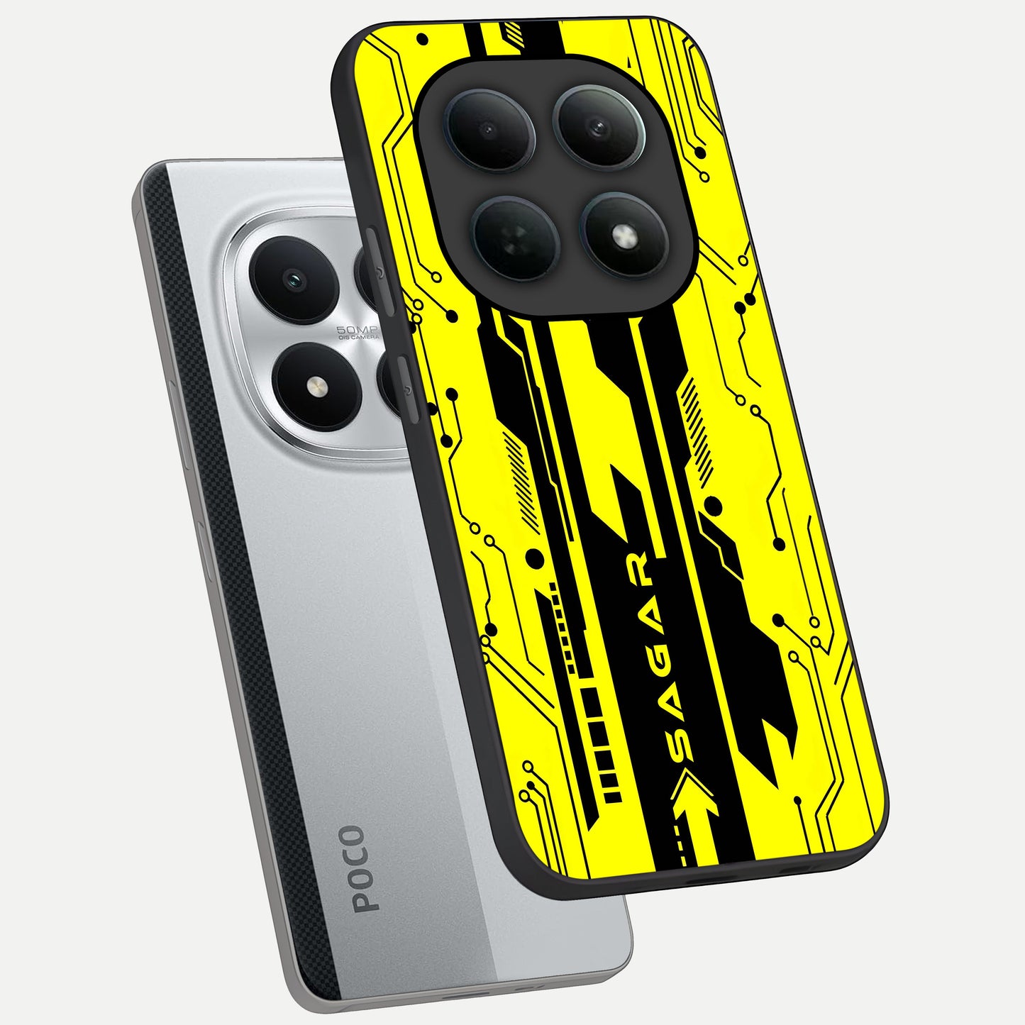  Electric Pulse CYBERPUNK Custom Name phone case For Poco M8 Pro showing premium glass back cover with detailed artwork