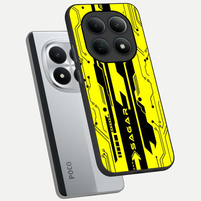  Electric Pulse CYBERPUNK Custom Name phone case For Poco M8 Pro showing premium glass back cover with detailed artwork