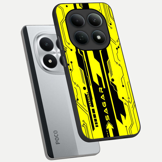  Electric Pulse CYBERPUNK Custom Name phone case For Poco M8 Pro showing premium glass back cover with detailed artwork