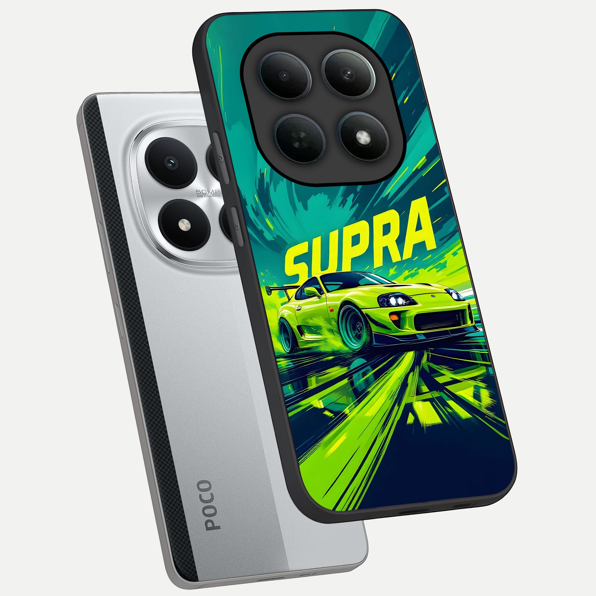  Electric Supra Thunder phone case For Poco M8 Pro showing premium glass back cover with detailed artwork