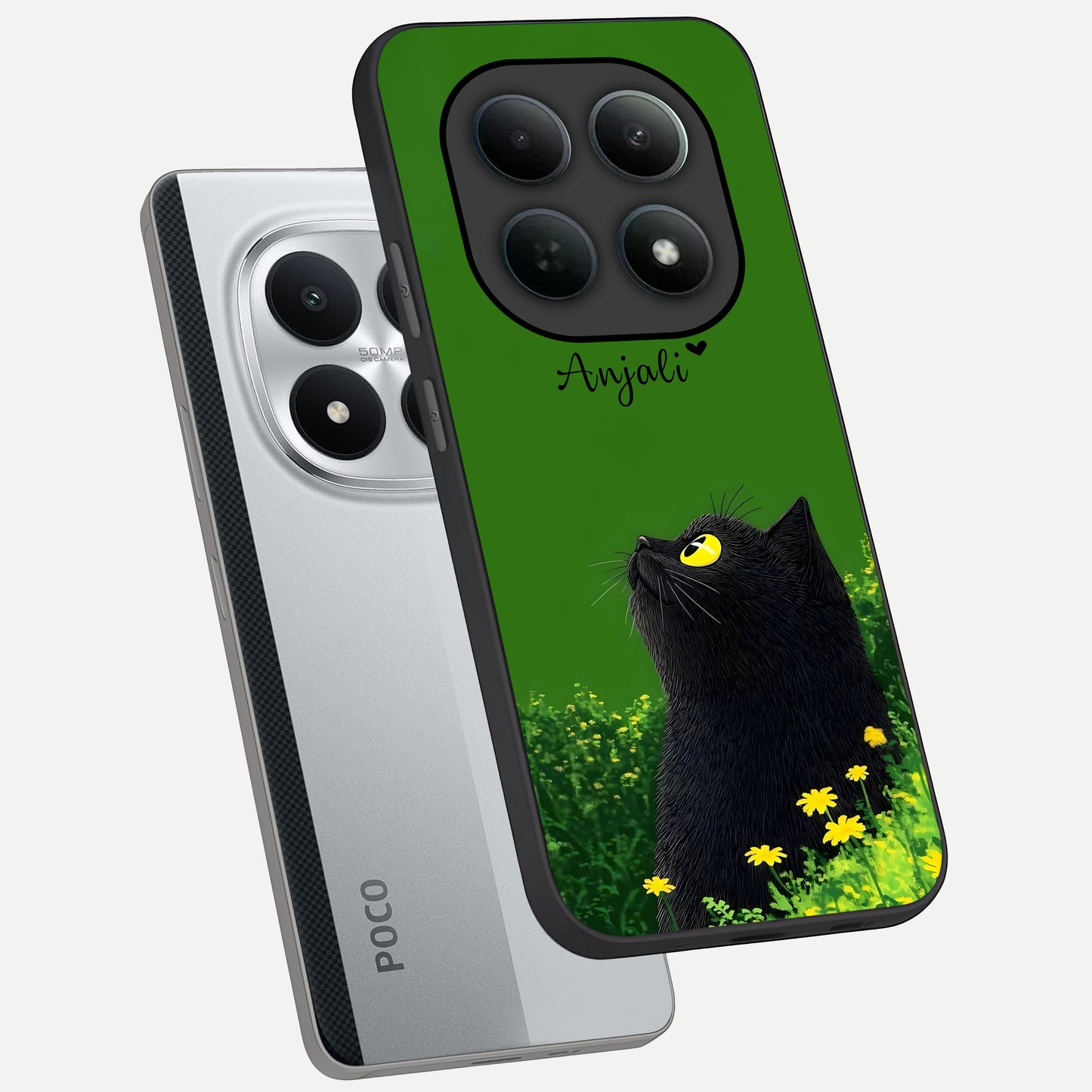  Emerald Cat Custom Name phone case For Poco M8 Pro showing premium glass back cover with detailed artwork