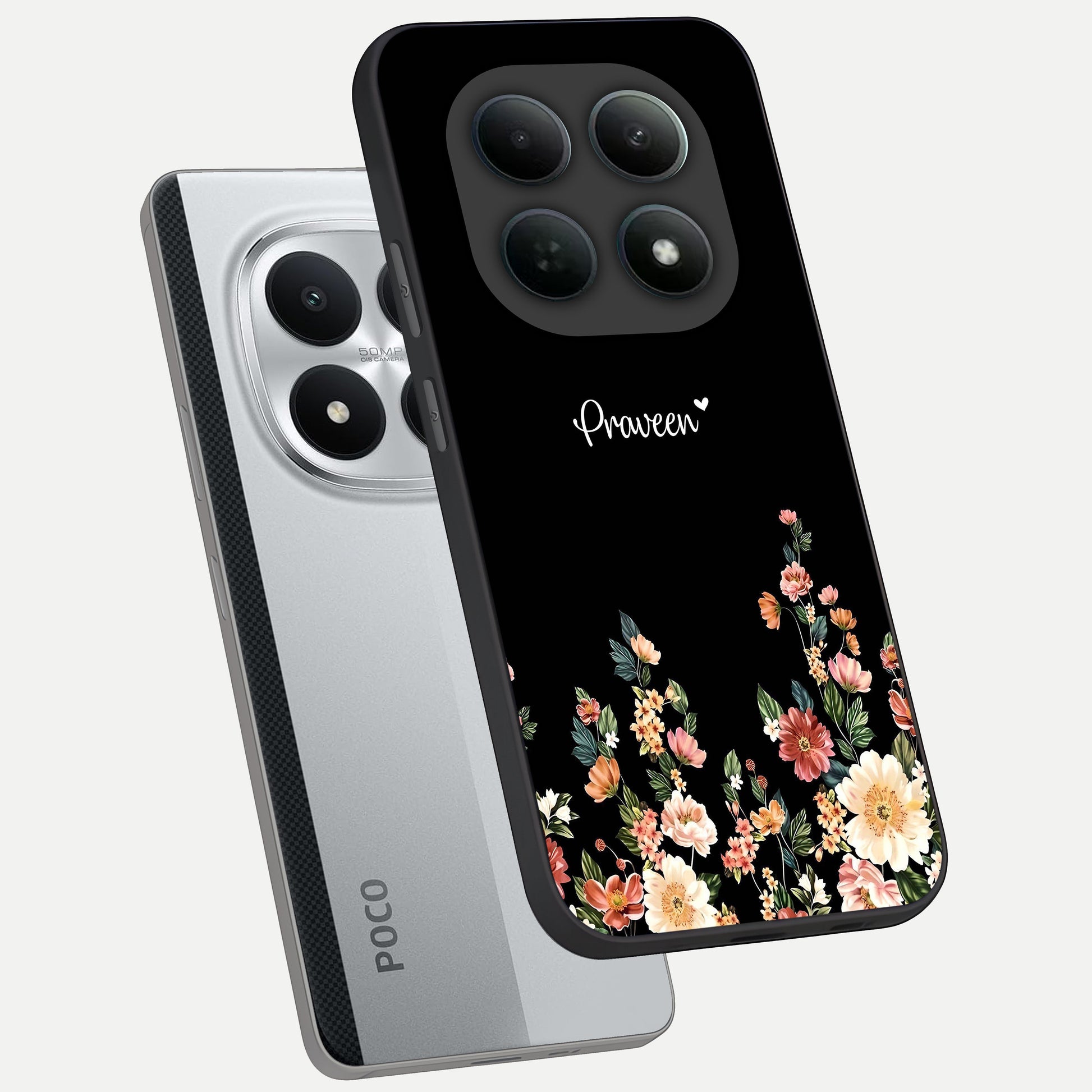  Floral Design Personalized Custom Name phone case For Poco M8 Pro showing premium glass back cover with detailed artwork