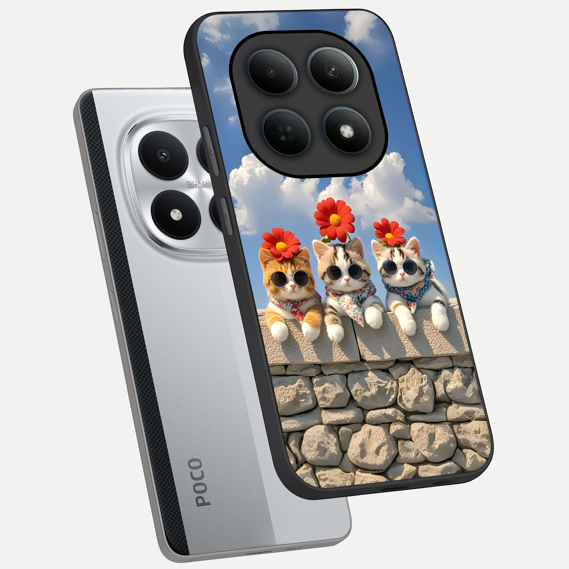  Floral Kitty Squad phone case For Poco M8 Pro showing premium glass back cover with detailed artwork