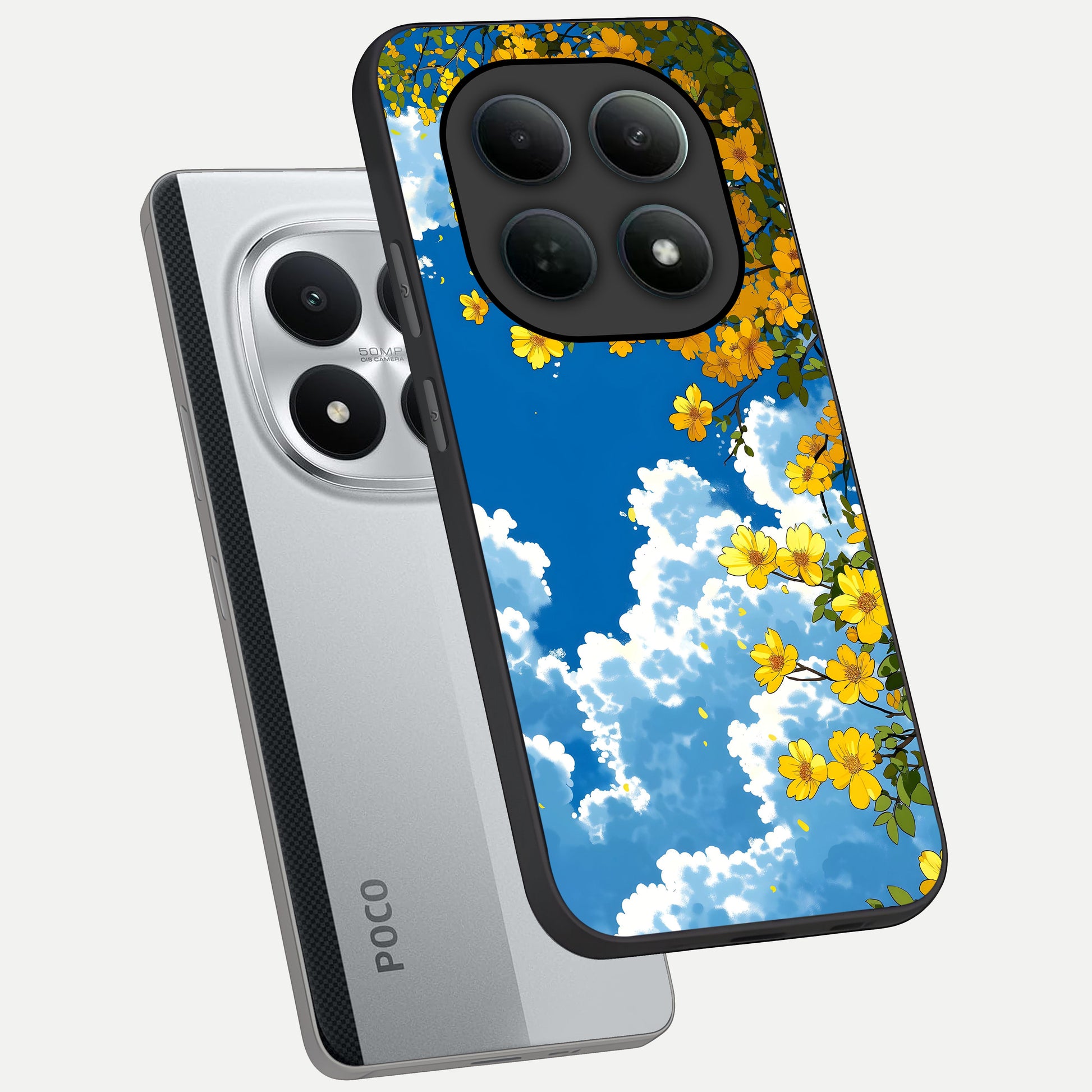  Golden Petal Sky phone case For Poco M8 Pro showing premium glass back cover with detailed artwork