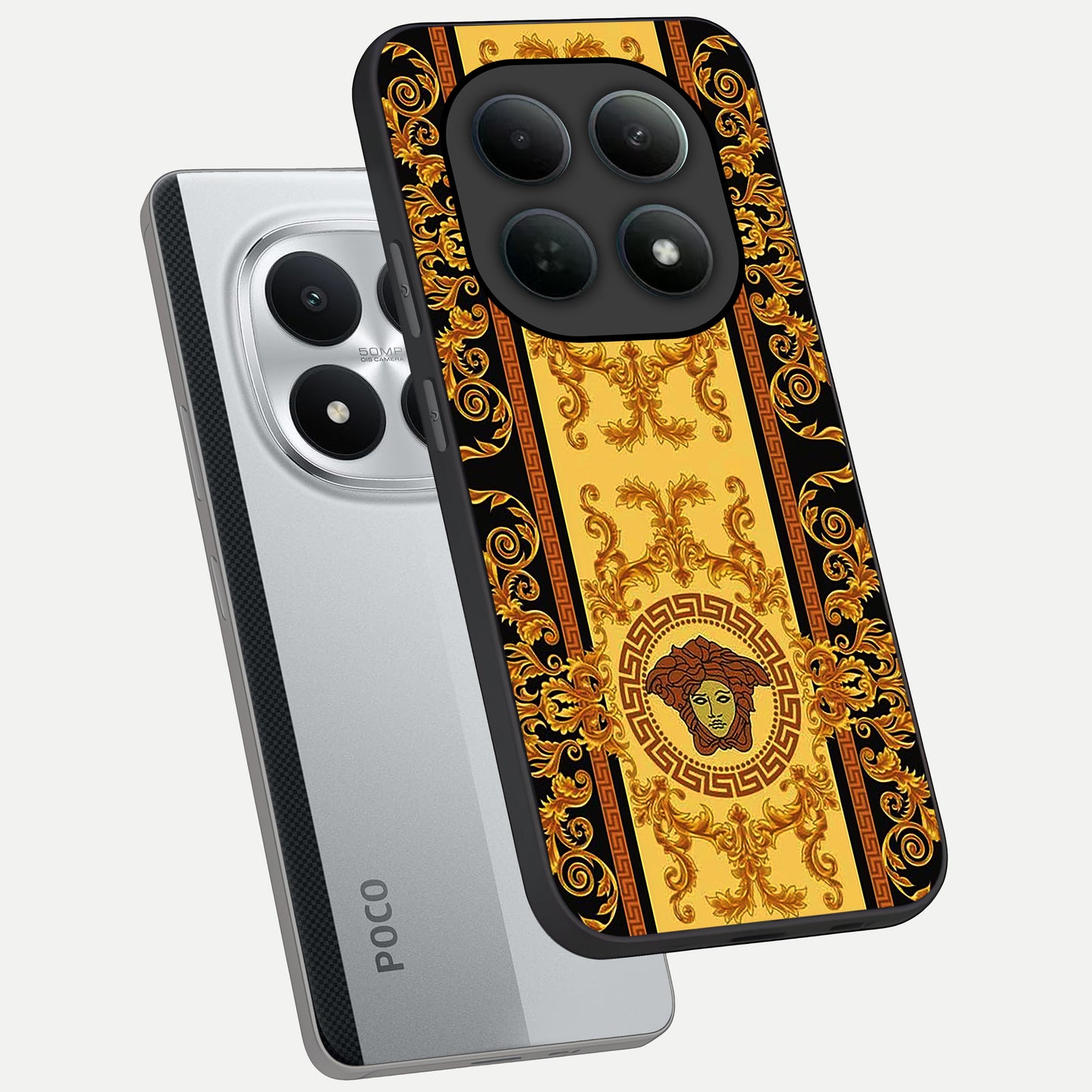  Golden Royal Heritage phone case For Poco M8 Pro showing premium glass back cover with detailed artwork