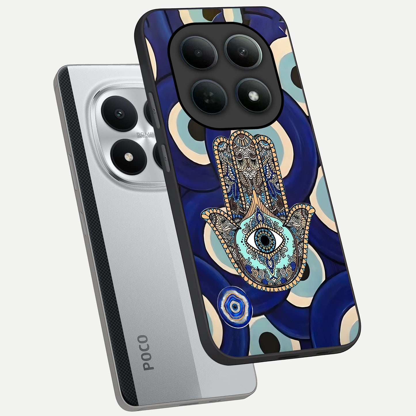  Hamsa Divine Guard phone case For Poco M8 Pro showing premium glass back cover with detailed artwork
