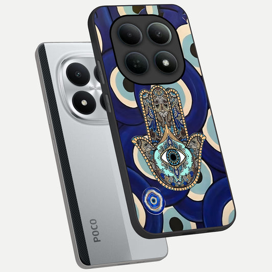  Hamsa Divine Guard phone case For Poco M8 Pro showing premium glass back cover with detailed artwork