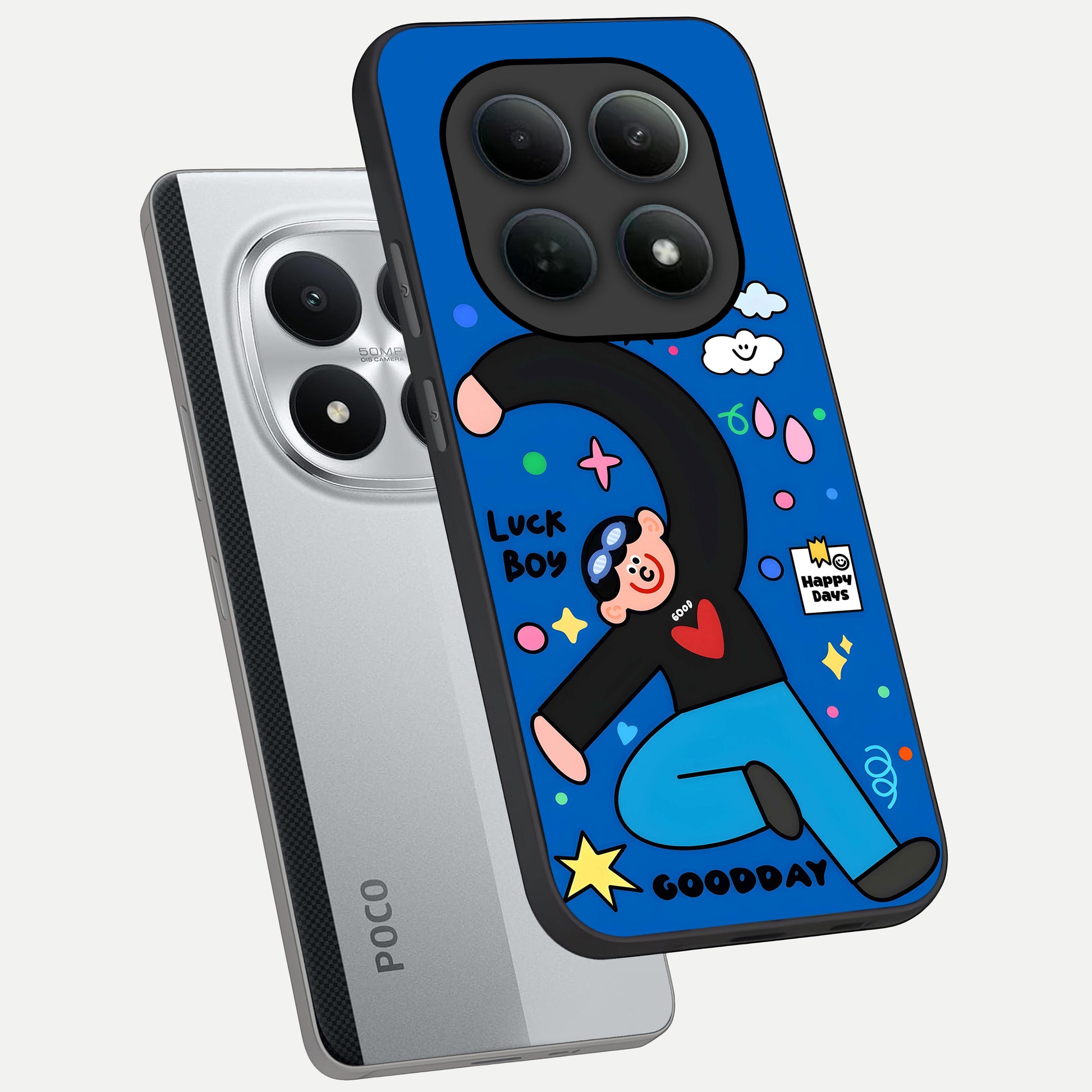  Happy Luck Vibe phone case For Poco M8 Pro showing premium glass back cover with detailed artwork