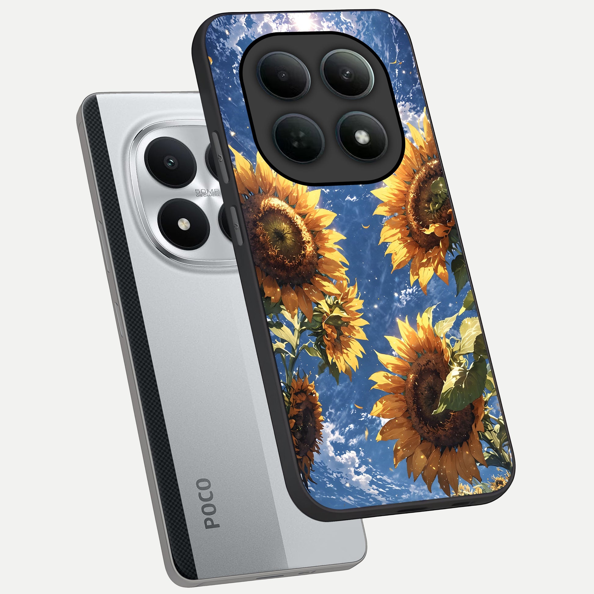  Heavenly Sunflower Rise phone case For Poco M8 Pro showing premium glass back cover with detailed artwork