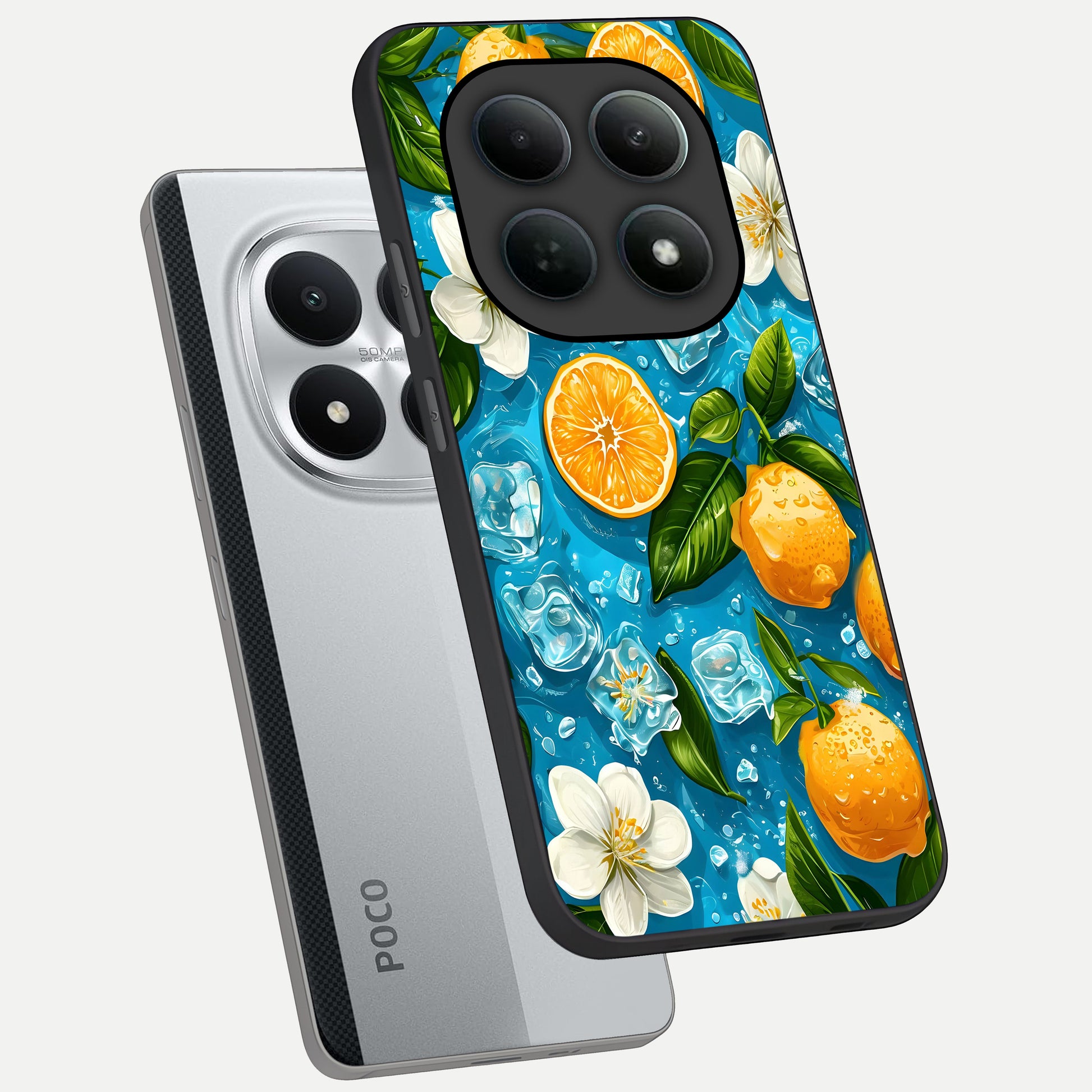  Ice Cube With Orange phone case For Poco M8 Pro showing premium glass back cover with detailed artwork