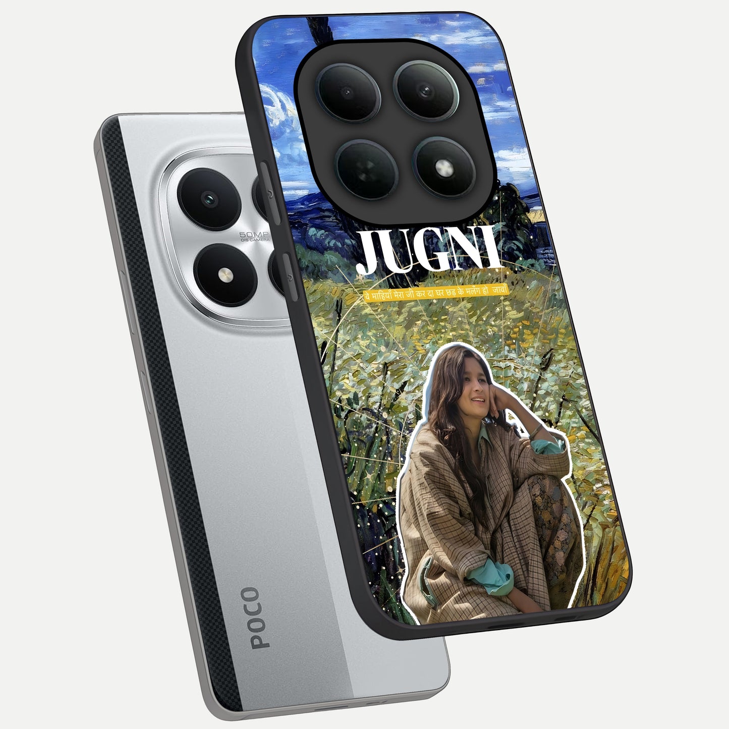  Jugni Soul Vibes phone case For Poco M8 Pro showing premium glass back cover with detailed artwork