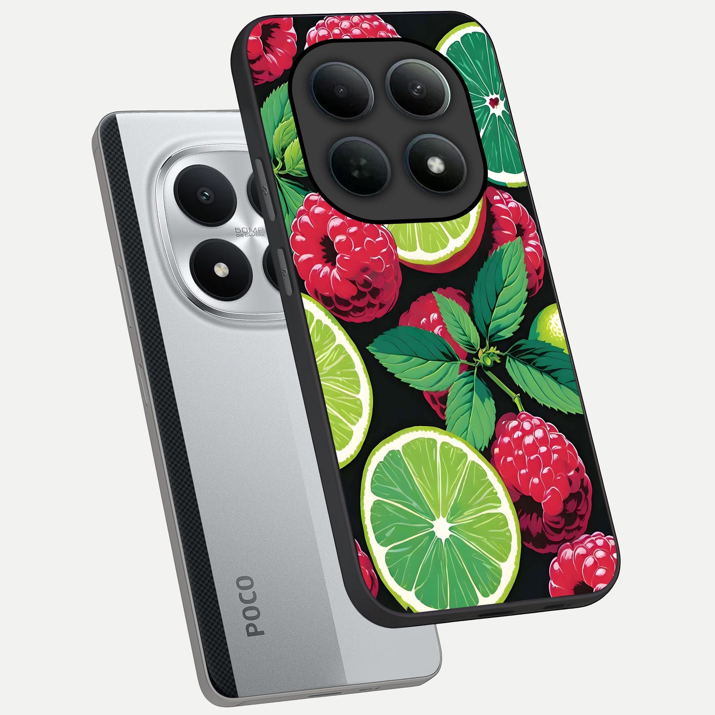  Lime and Raspberry Pattern phone case For Poco M8 Pro showing premium glass back cover with detailed artwork