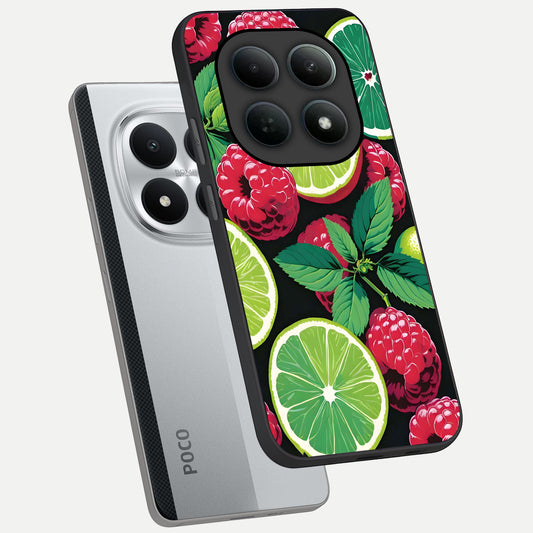  Lime and Raspberry Pattern phone case For Poco M8 Pro showing premium glass back cover with detailed artwork