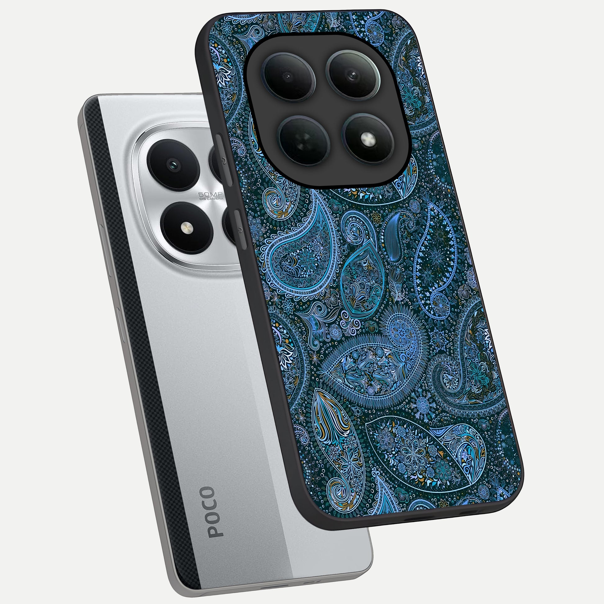  Midnight Paisley Glow phone case For Poco M8 Pro showing premium glass back cover with detailed artwork