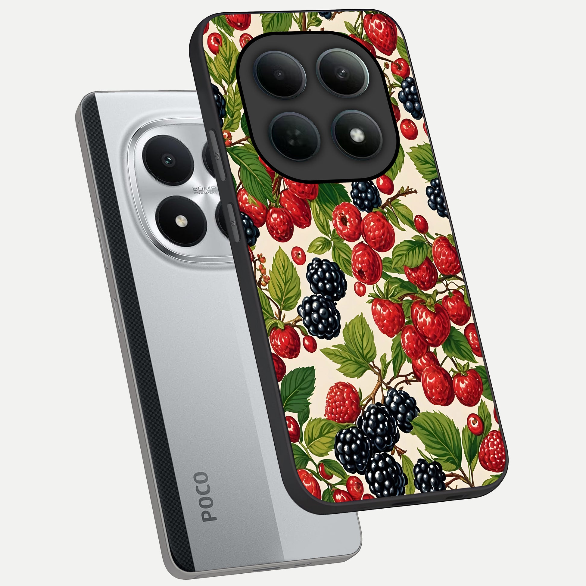 Mixed Berry Collage phone case For Poco M8 Pro showing premium glass back cover with detailed artwork