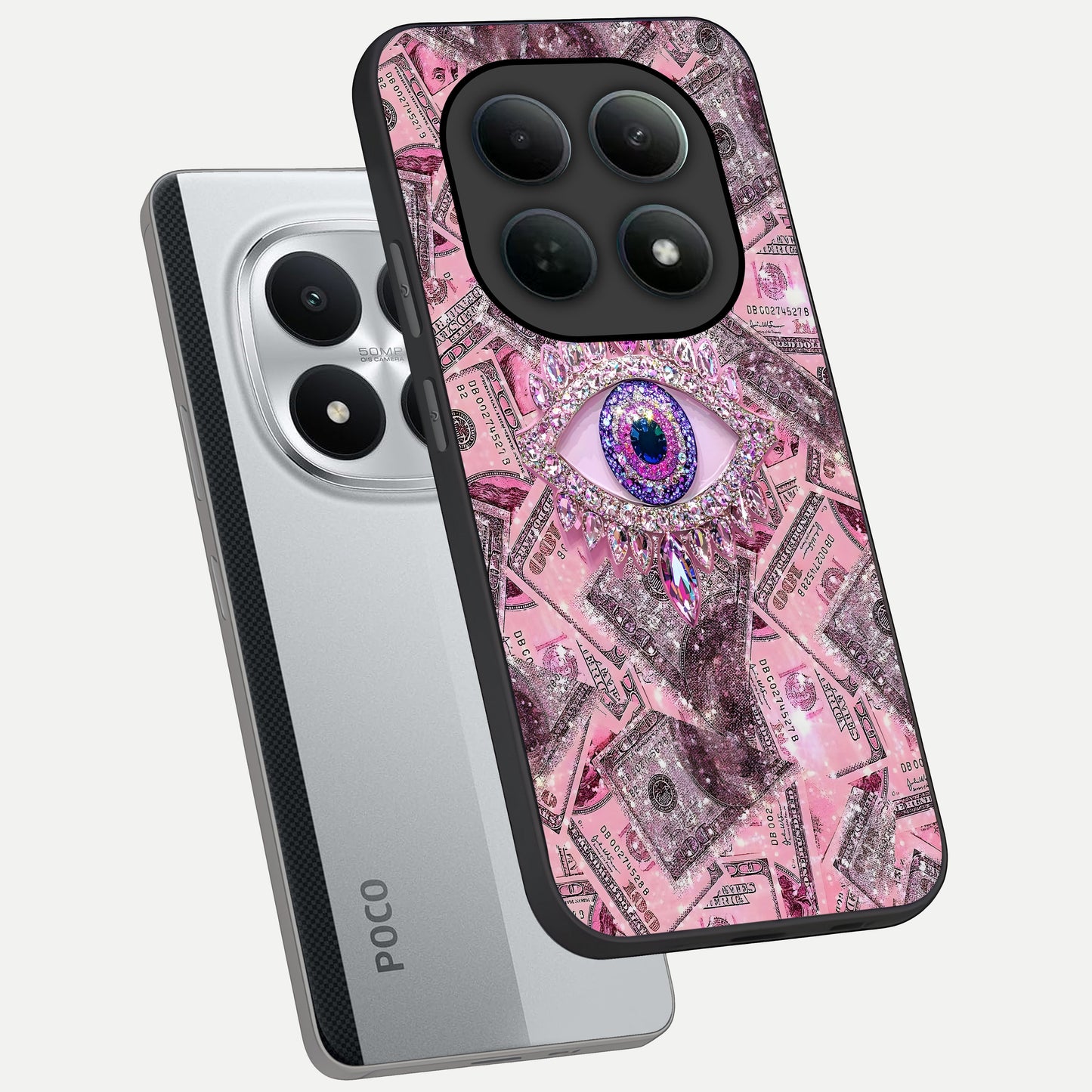  Money Eye Luxe phone case For Poco M8 Pro showing premium glass back cover with detailed artwork