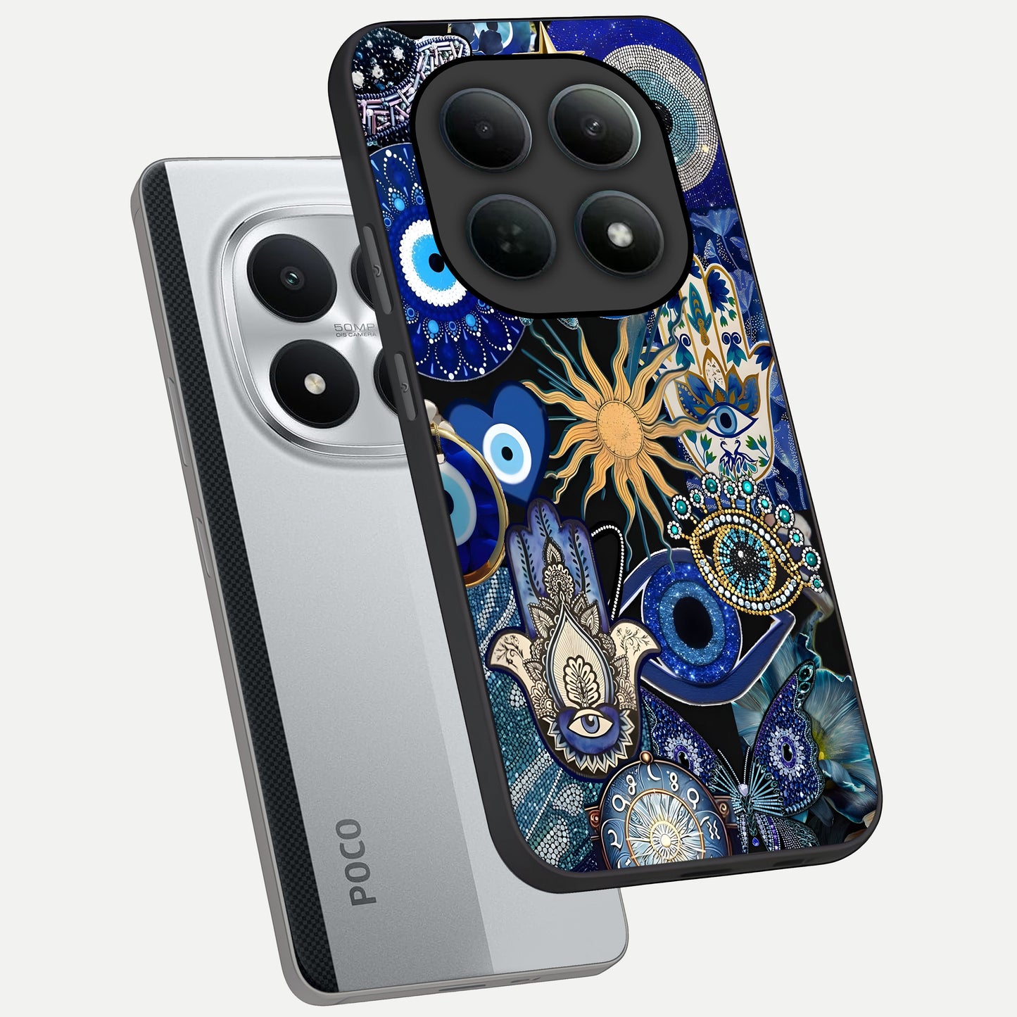  Mystic Blue Evil Eye phone case For Poco M8 Pro showing premium glass back cover with detailed artwork