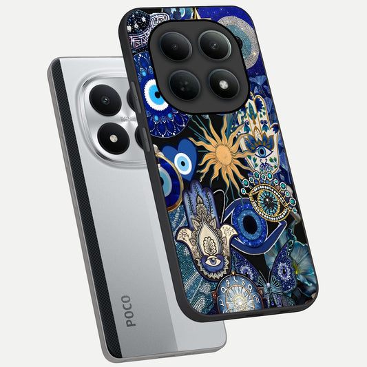  Mystic Blue Evil Eye phone case For Poco M8 Pro showing premium glass back cover with detailed artwork