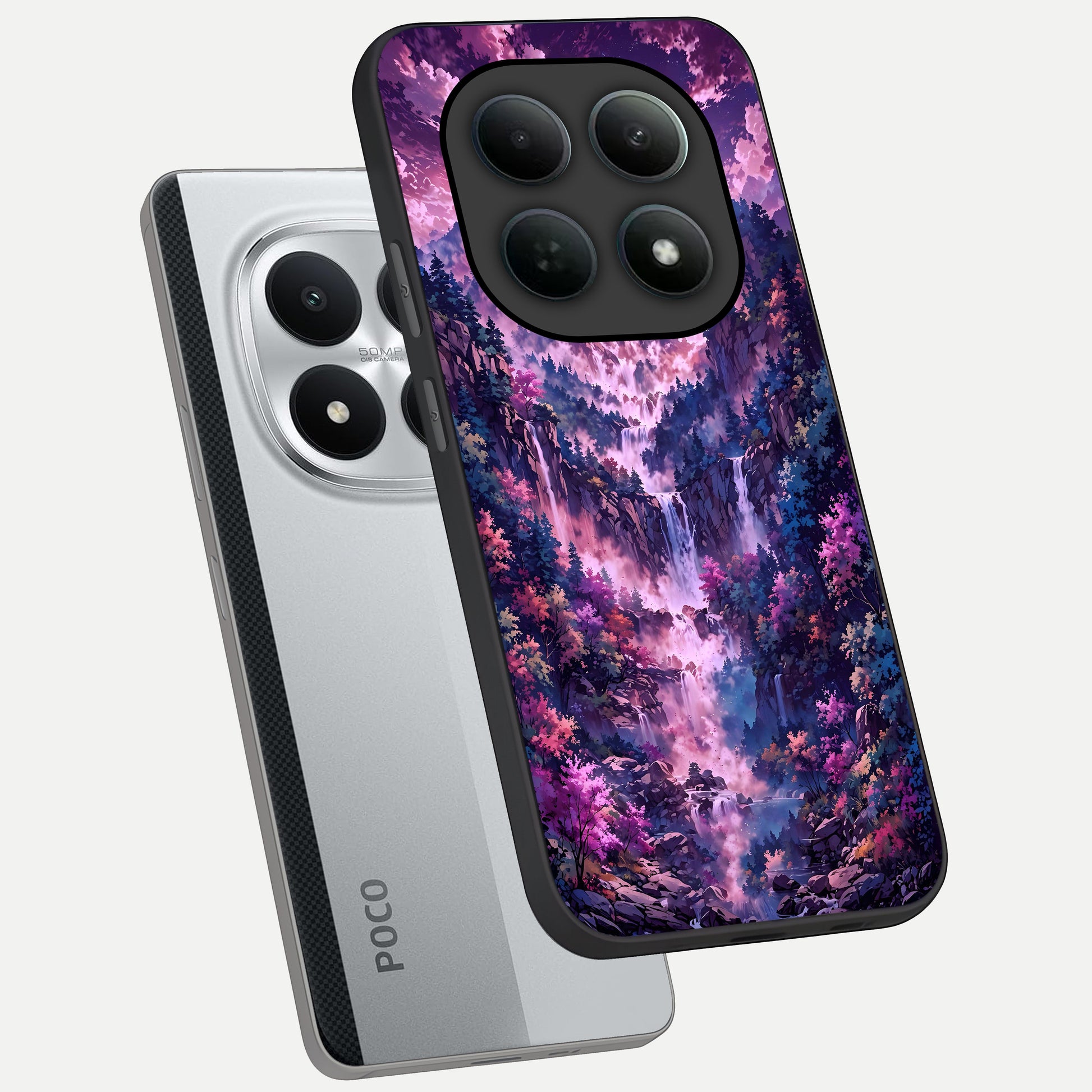  Mystic Cascade Peaks phone case For Poco M8 Pro showing premium glass back cover with detailed artwork