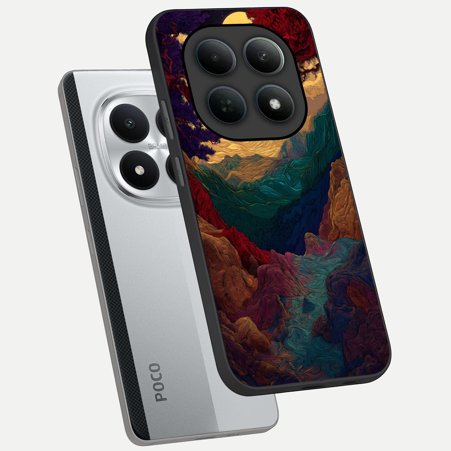  Mystic Valley Light phone case For Poco M8 Pro showing premium glass back cover with detailed artwork
