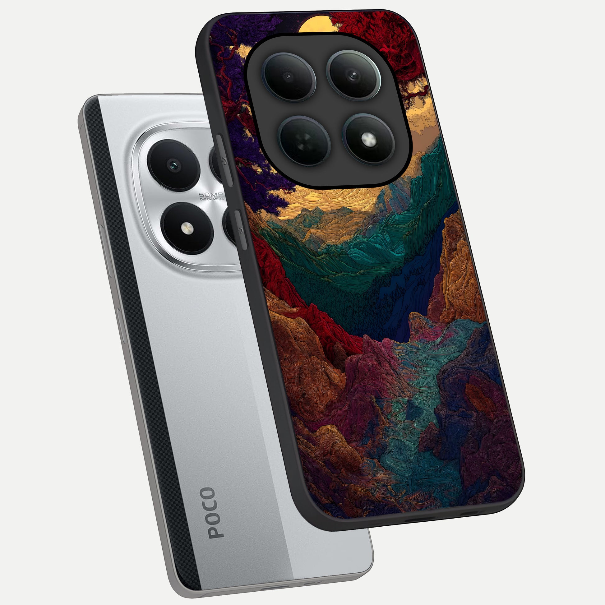 Mystic Valley Light phone case For Poco M8 Pro showing premium glass back cover with detailed artwork