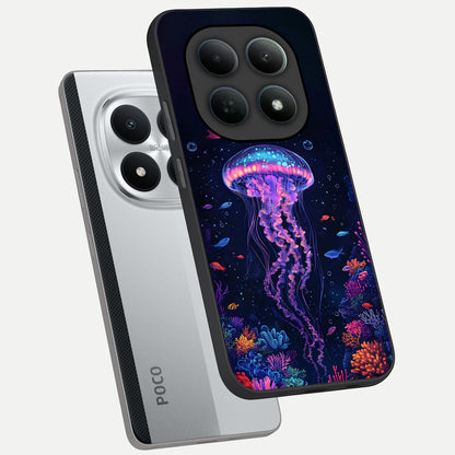  Neon Jellyfish phone case For Poco M8 Pro showing premium glass back cover with detailed artwork