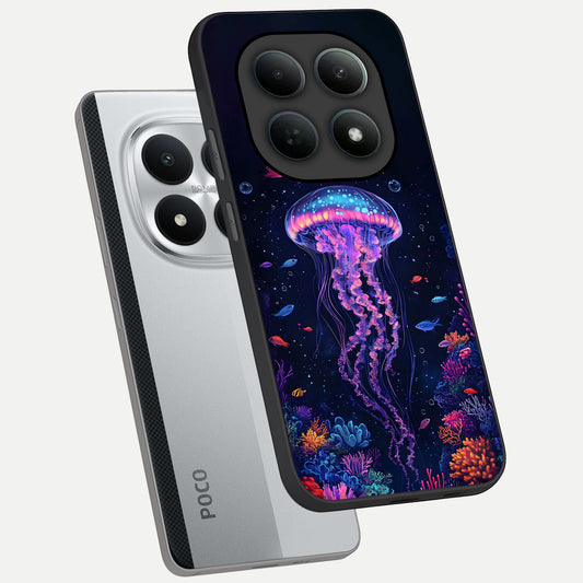  Neon Jellyfish phone case For Poco M8 Pro showing premium glass back cover with detailed artwork