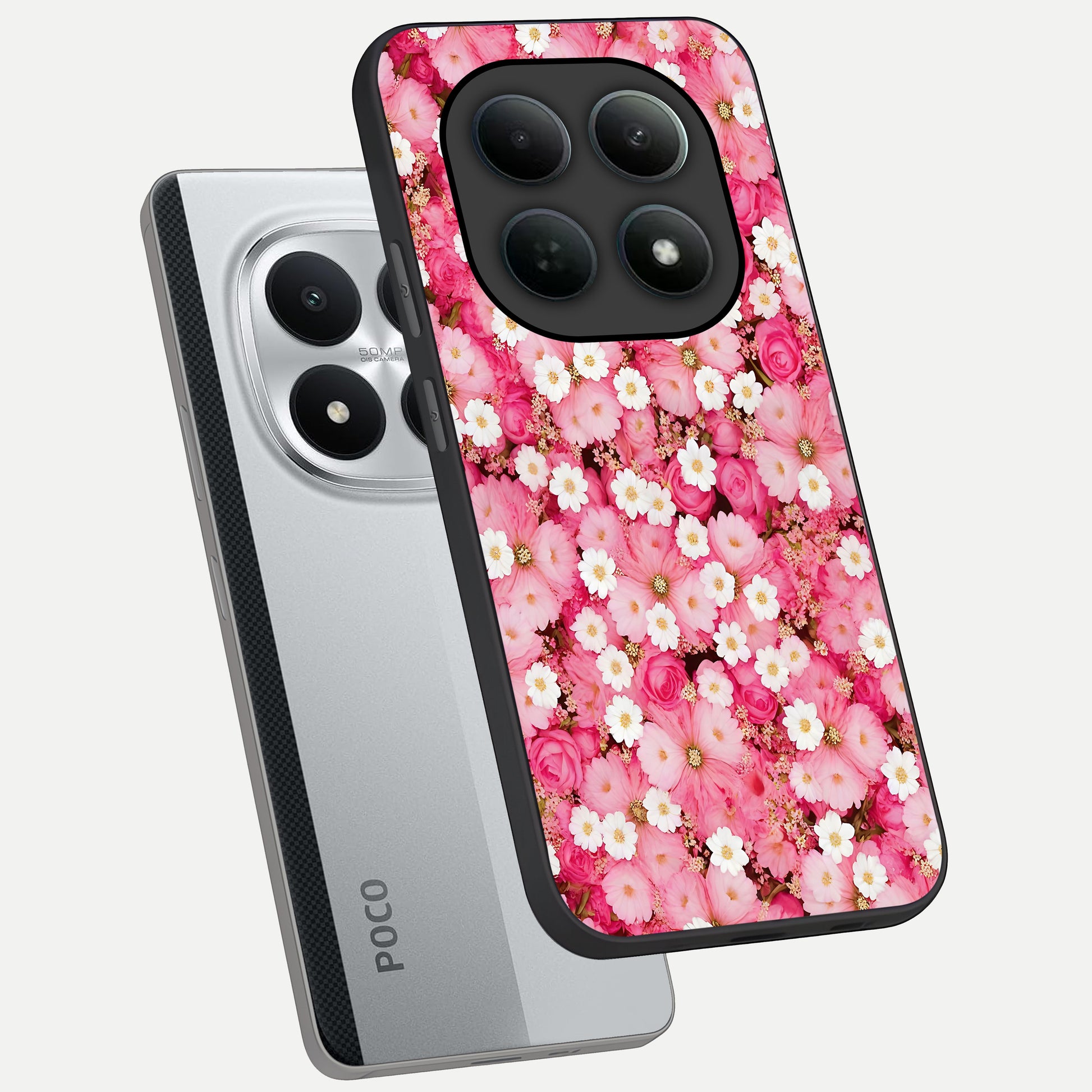 Pink Daisy Bliss phone case For Poco M8 Pro showing premium glass back cover with detailed artwork