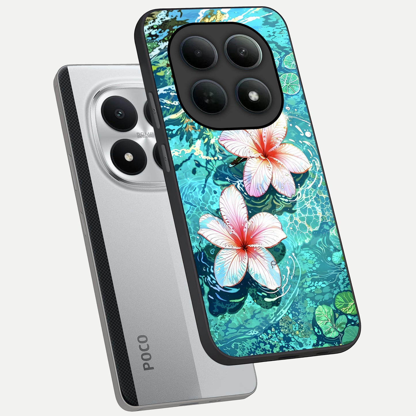  Pink Flowers in Water phone case For Poco M8 Pro showing premium glass back cover with detailed artwork