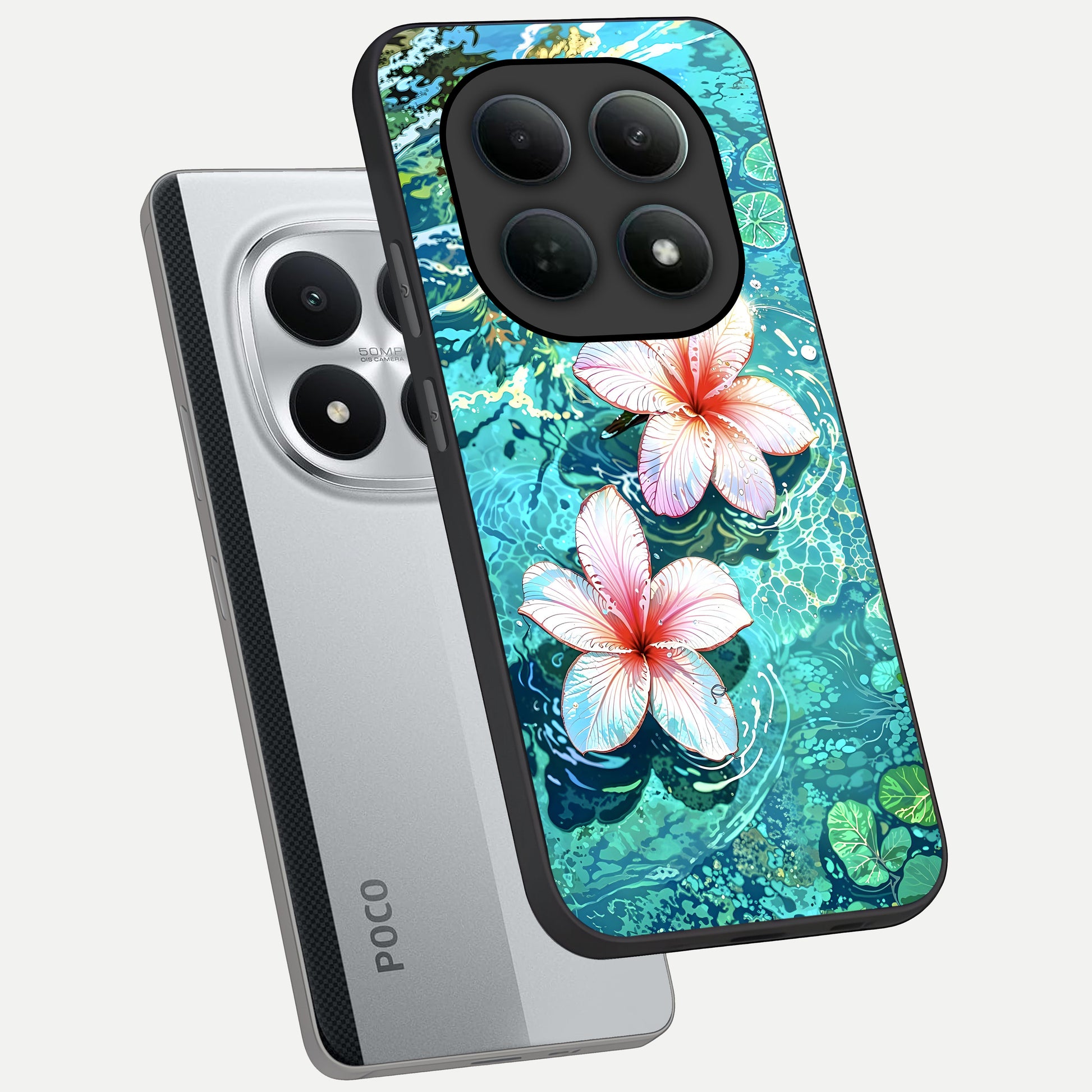  Pink Flowers in Water phone case For Poco M8 Pro showing premium glass back cover with detailed artwork