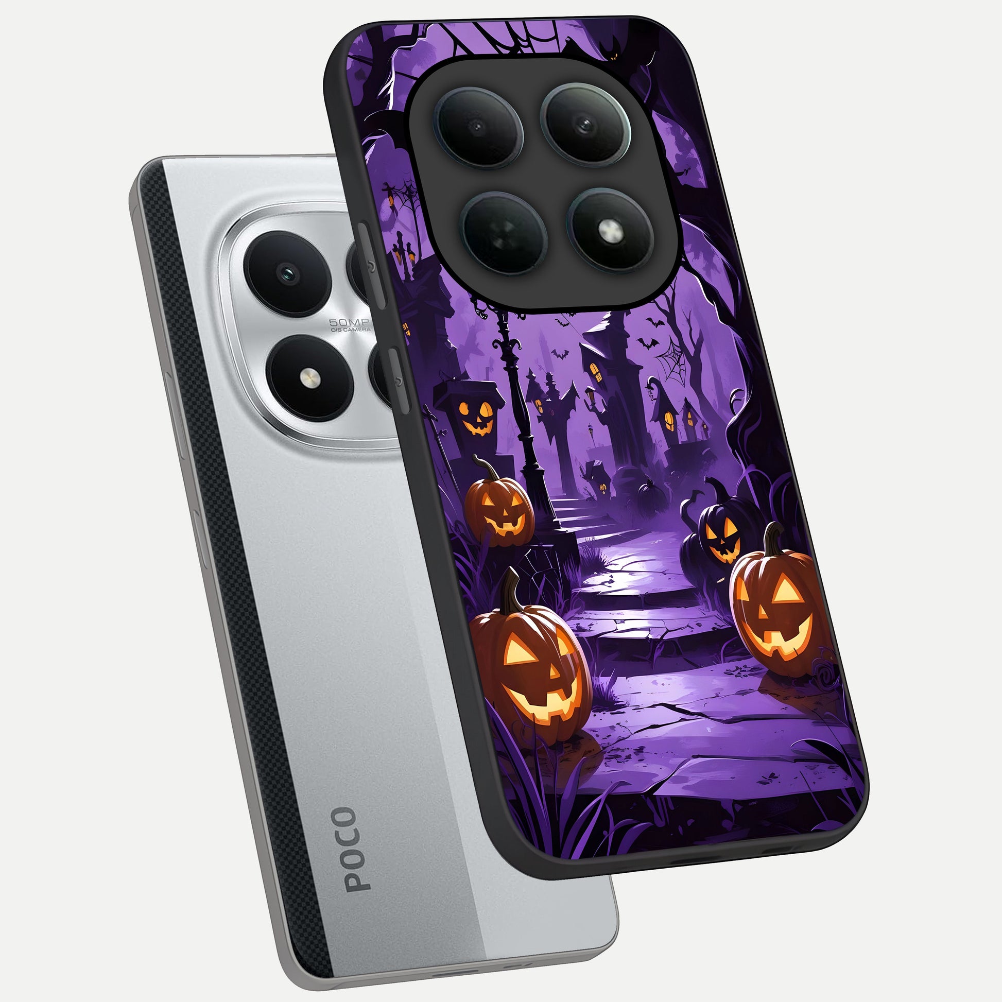  Pumpkin Patch Halloween phone case For Poco M8 Pro showing premium glass back cover with detailed artwork