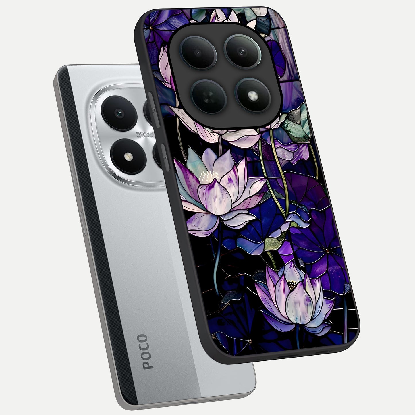  Purple Lotus Pattern phone case For Poco M8 Pro showing premium glass back cover with detailed artwork