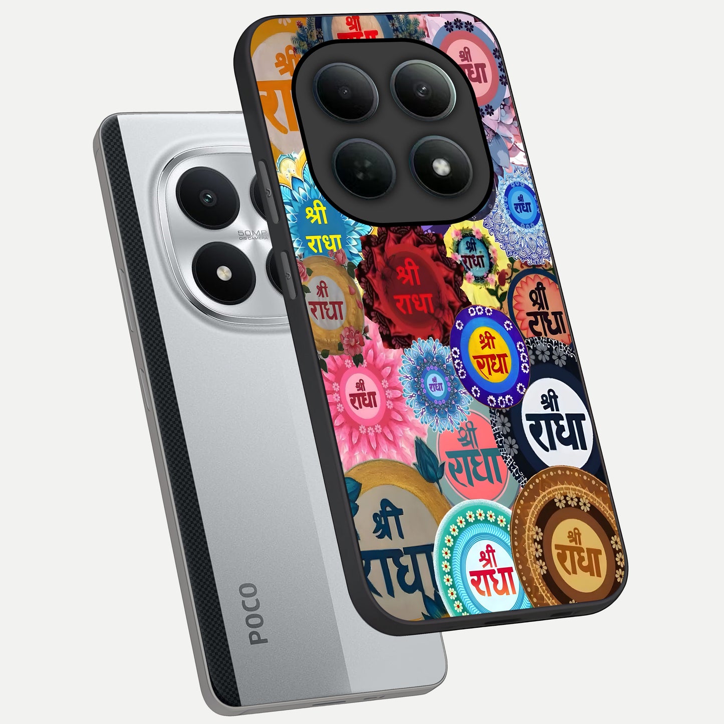  Radha Divine Bloom phone case For Poco M8 Pro showing premium glass back cover with detailed artwork