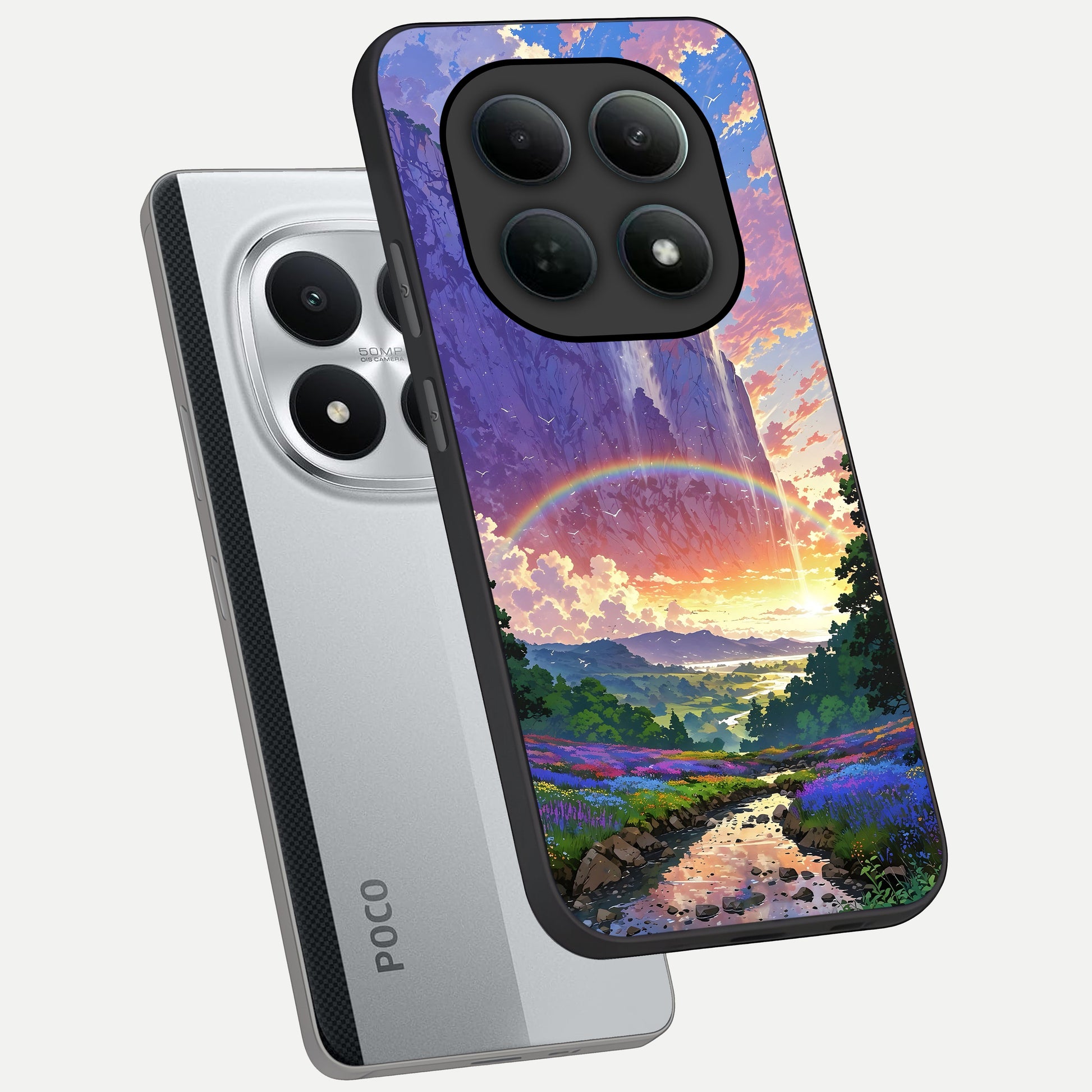  Rainbow Valley Dream phone case For Poco M8 Pro showing premium glass back cover with detailed artwork
