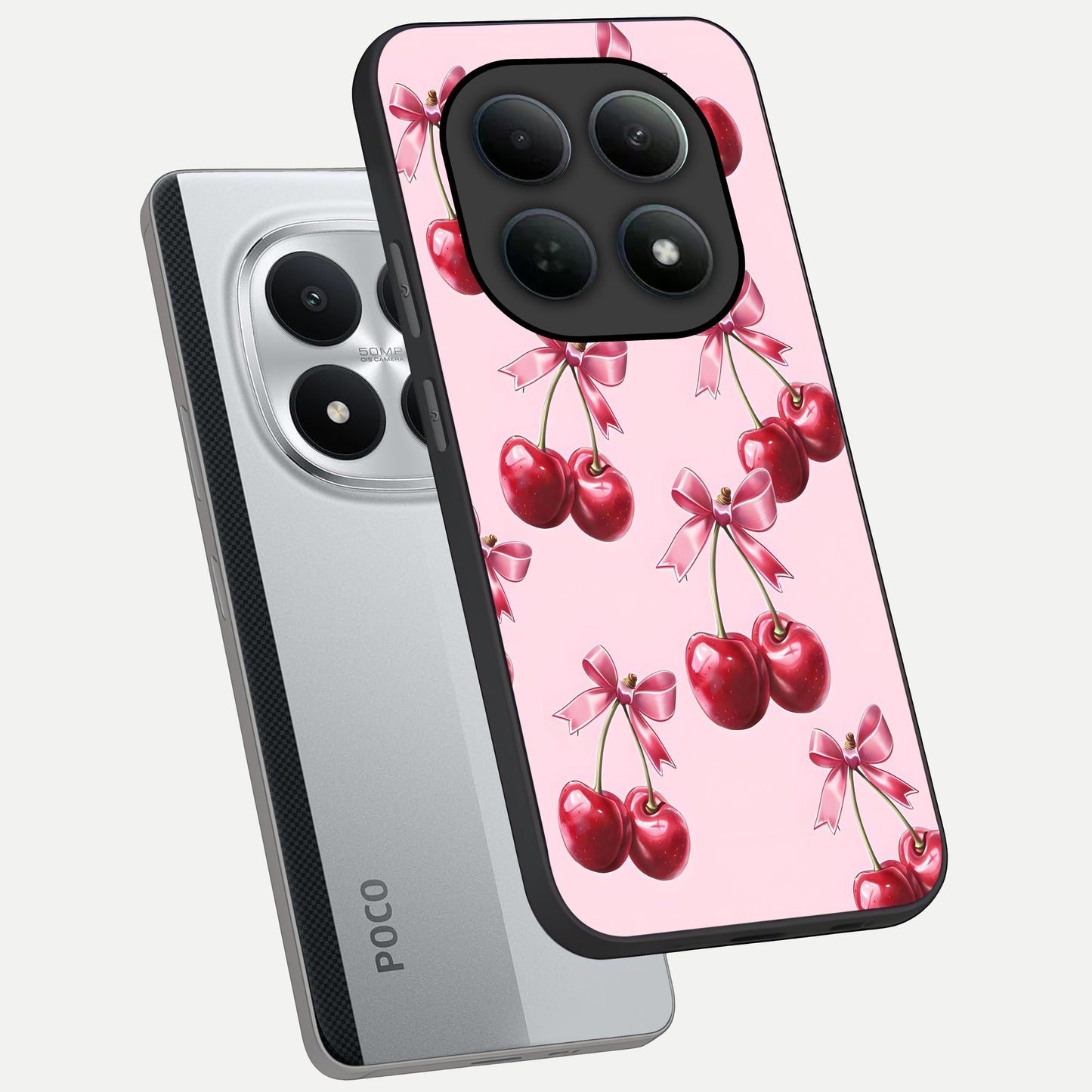  Red Cherries Pattern phone case For Poco M8 Pro showing premium glass back cover with detailed artwork