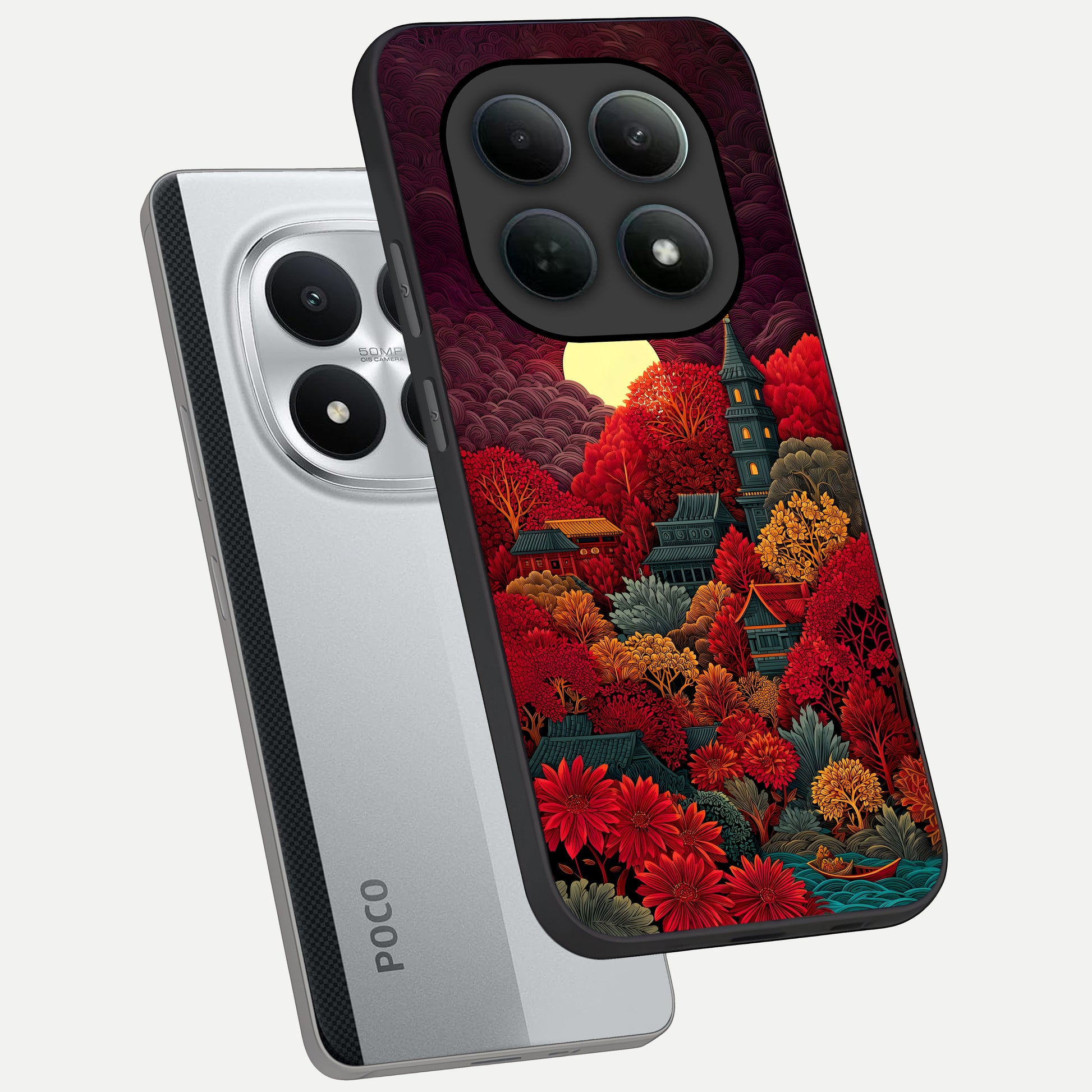  Scarlet Autumn Temple phone case For Poco M8 Pro showing premium glass back cover with detailed artwork