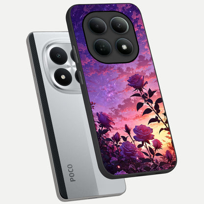  Starlit Rose Twilight phone case For Poco M8 Pro showing premium glass back cover with detailed artwork