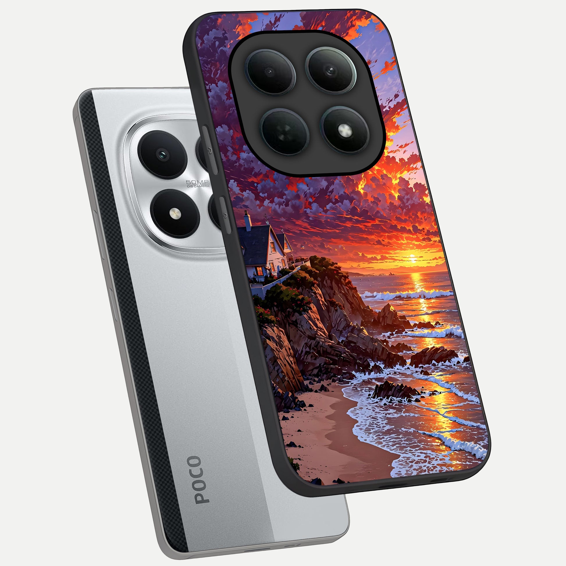  Sunset House By Sea phone case For Poco M8 Pro showing premium glass back cover with detailed artwork