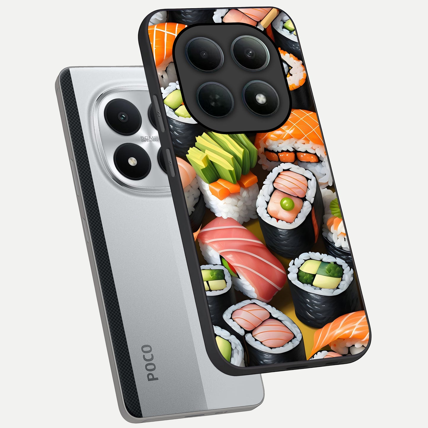  Sushi Food Pattern phone case For Poco M8 Pro showing premium glass back cover with detailed artwork