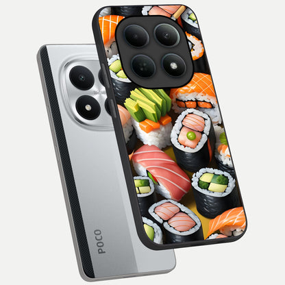  Sushi Food Pattern phone case For Poco M8 Pro showing premium glass back cover with detailed artwork