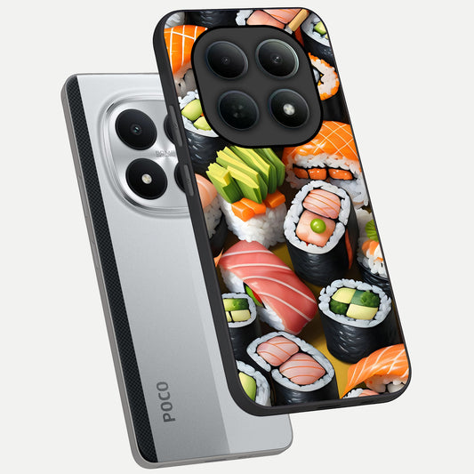  Sushi Food Pattern phone case For Poco M8 Pro showing premium glass back cover with detailed artwork