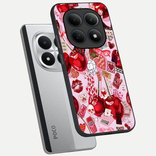  Sweet Cherry Chaos phone case For Poco M8 Pro showing premium glass back cover with detailed artwork