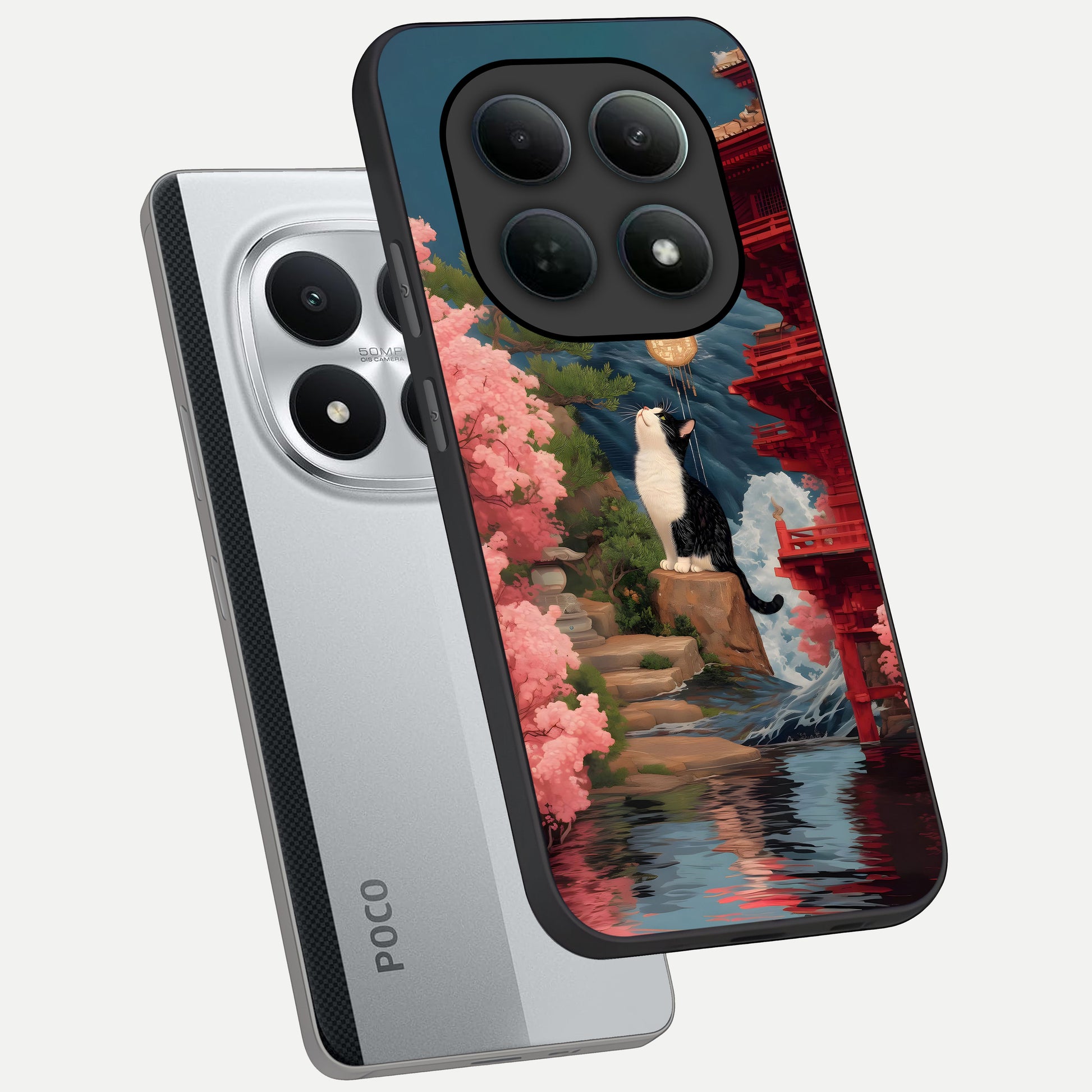  Temple Cat Scenery phone case For Poco M8 Pro showing premium glass back cover with detailed artwork