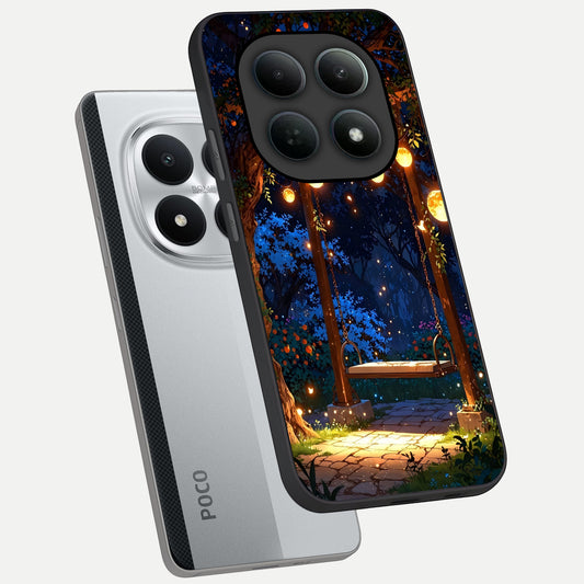  Twilight Garden Swing phone case For Poco M8 Pro showing premium glass back cover with detailed artwork