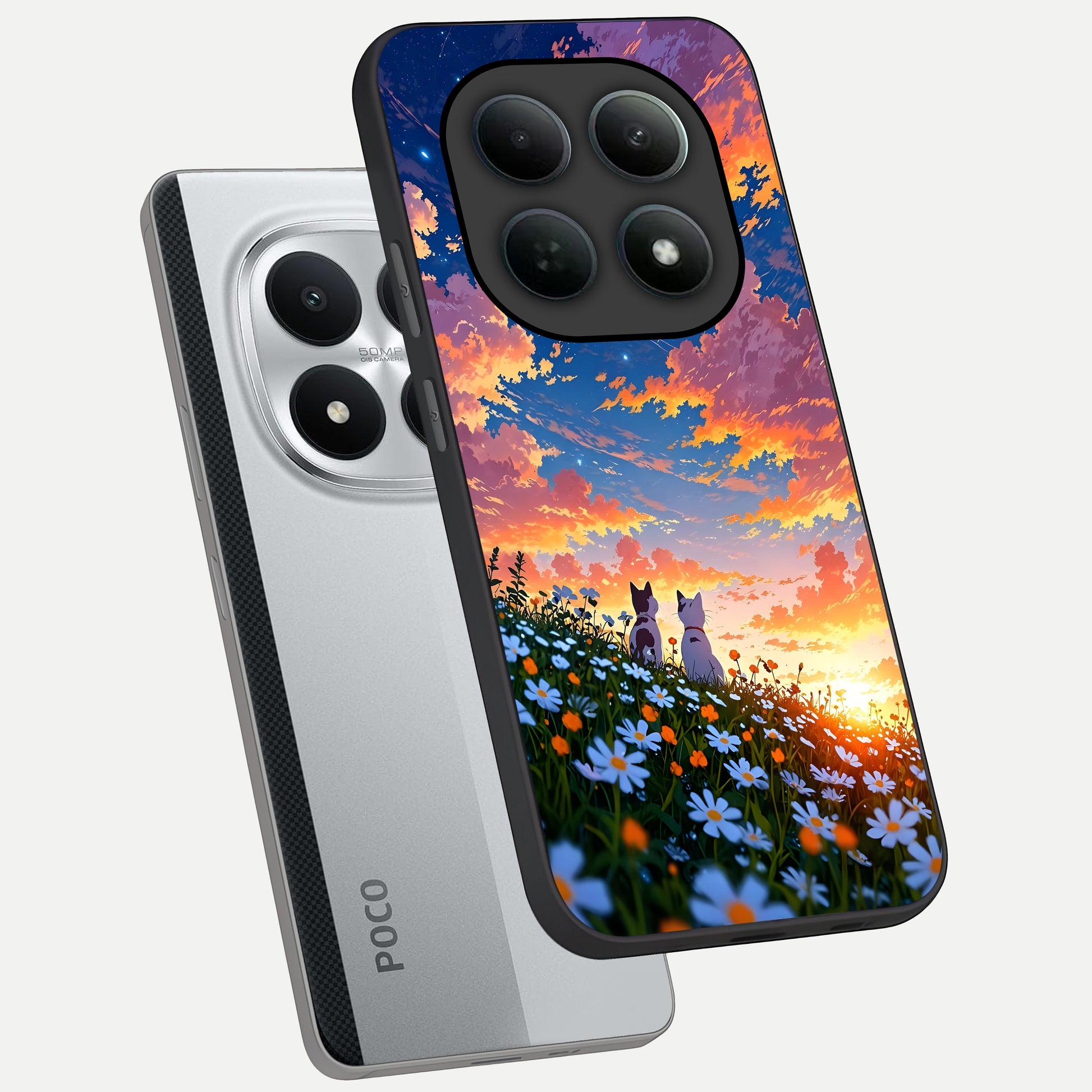  Two Cats Friends phone case For Poco M8 Pro showing premium glass back cover with detailed artwork