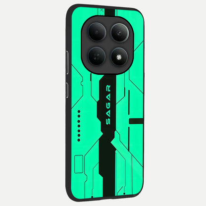  Aqua Tech CYBERPUNK Custom Name back cover For Poco M8 Pro slim fit glass case with vibrant aesthetic design